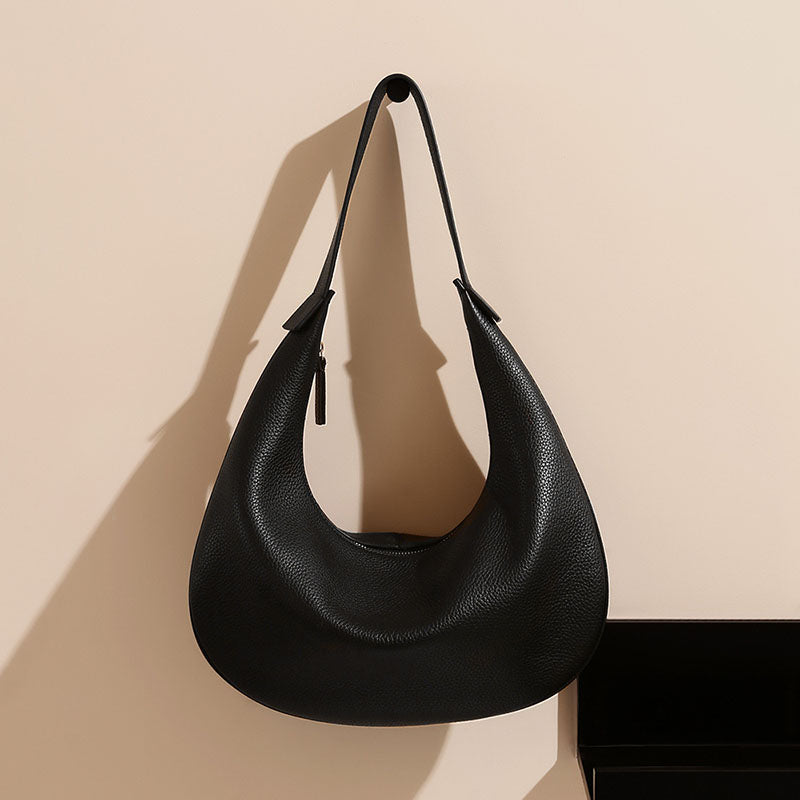Women’s Minimalist Genuine Leather Lychee Texture Shoulder Hobo Bag image 4