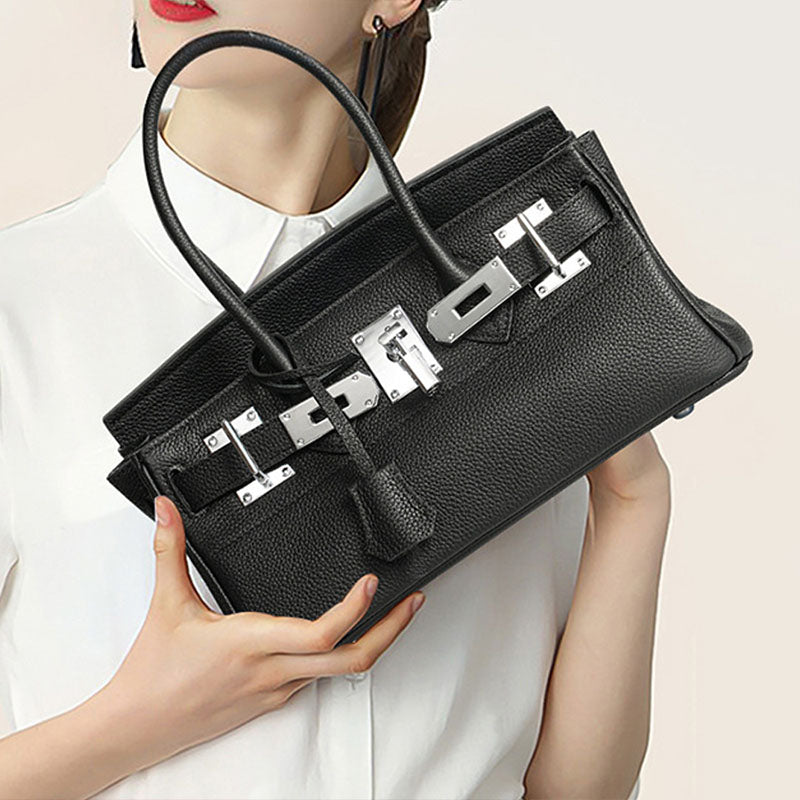 Women’s Minimalist Genuine Leather Rectangular Lock Buckle Crossbody Top Handle Bag image 4