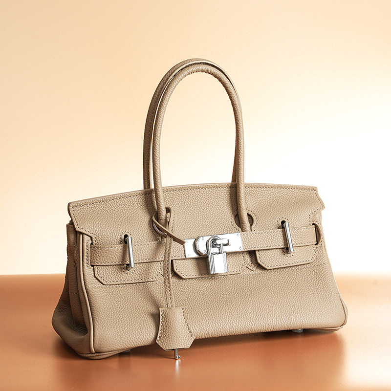 Women’s Minimalist Genuine Leather Rectangular Lock Buckle Crossbody Top Handle Bag image 7