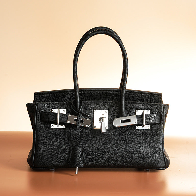 Women’s Minimalist Genuine Leather Rectangular Lock Buckle Crossbody Top Handle Bag image 3