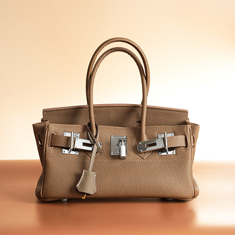 Women’s Minimalist Genuine Leather Rectangular Lock Buckle Crossbody Top Handle Bag image 9