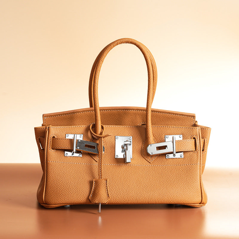 Women’s Minimalist Genuine Leather Rectangular Lock Buckle Crossbody Top Handle Bag image
