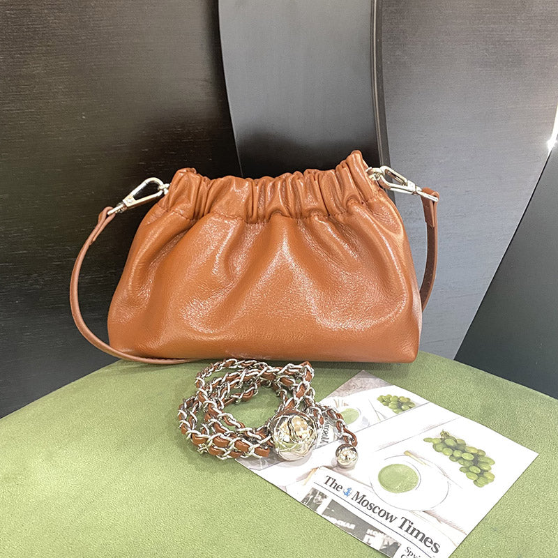 Women’s Minimalist Genuine Leather Ruched Cloud-Shaped Crossbody Chain Bag image 5