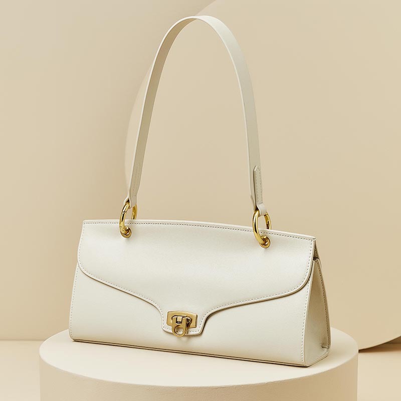 Women’s Minimalist Genuine Leather Shoulder Baguette Bag with Lock Closure image 6
