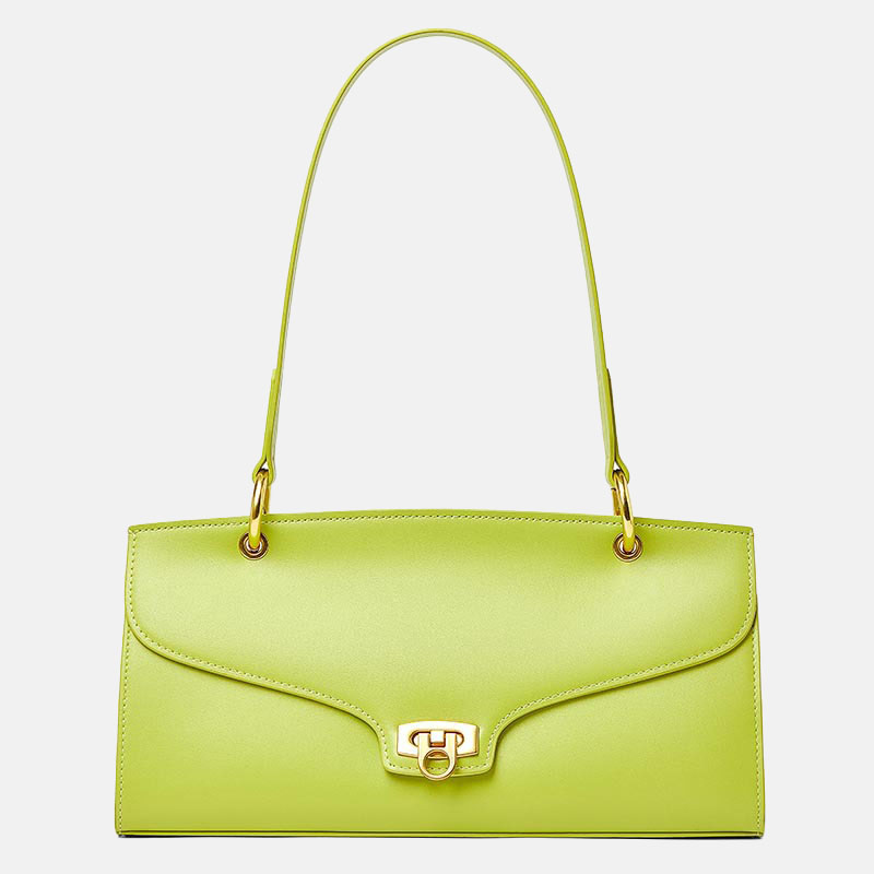 Women’s Minimalist Genuine Leather Shoulder Baguette Bag with Lock Closure image