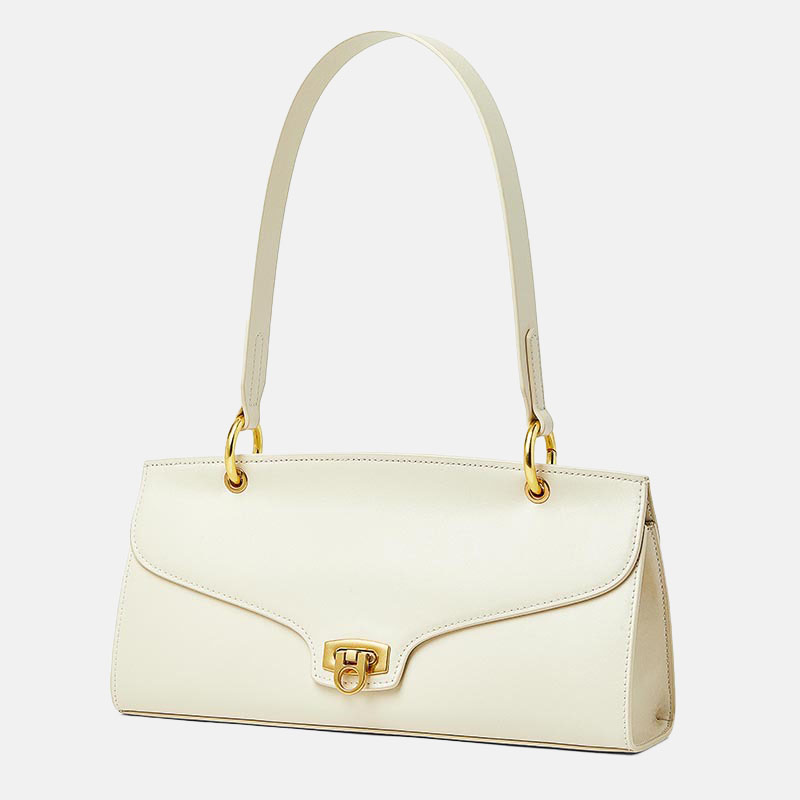 Women’s Minimalist Genuine Leather Shoulder Baguette Bag with Lock Closure image 5