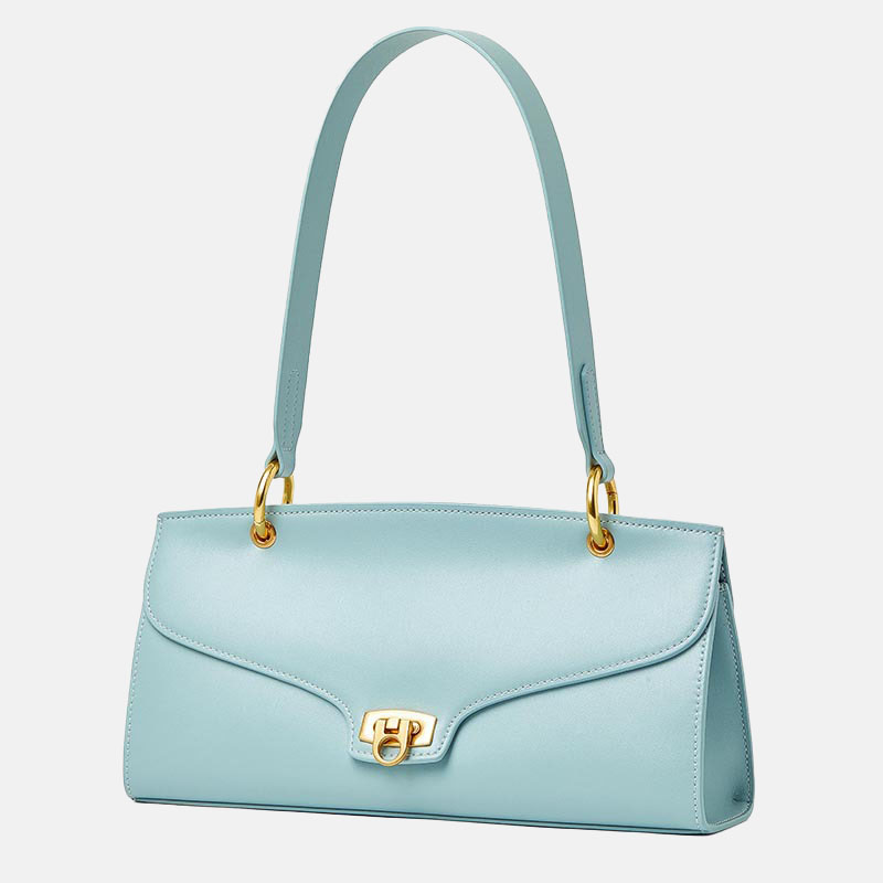 Women’s Minimalist Genuine Leather Shoulder Baguette Bag with Lock Closure image 3