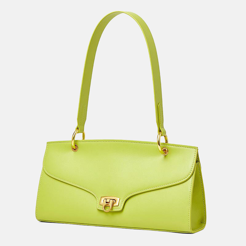 Women’s Minimalist Genuine Leather Shoulder Baguette Bag with Lock Closure image 2