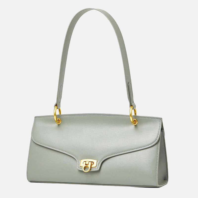 Women’s Minimalist Genuine Leather Shoulder Baguette Bag with Lock Closure image 7
