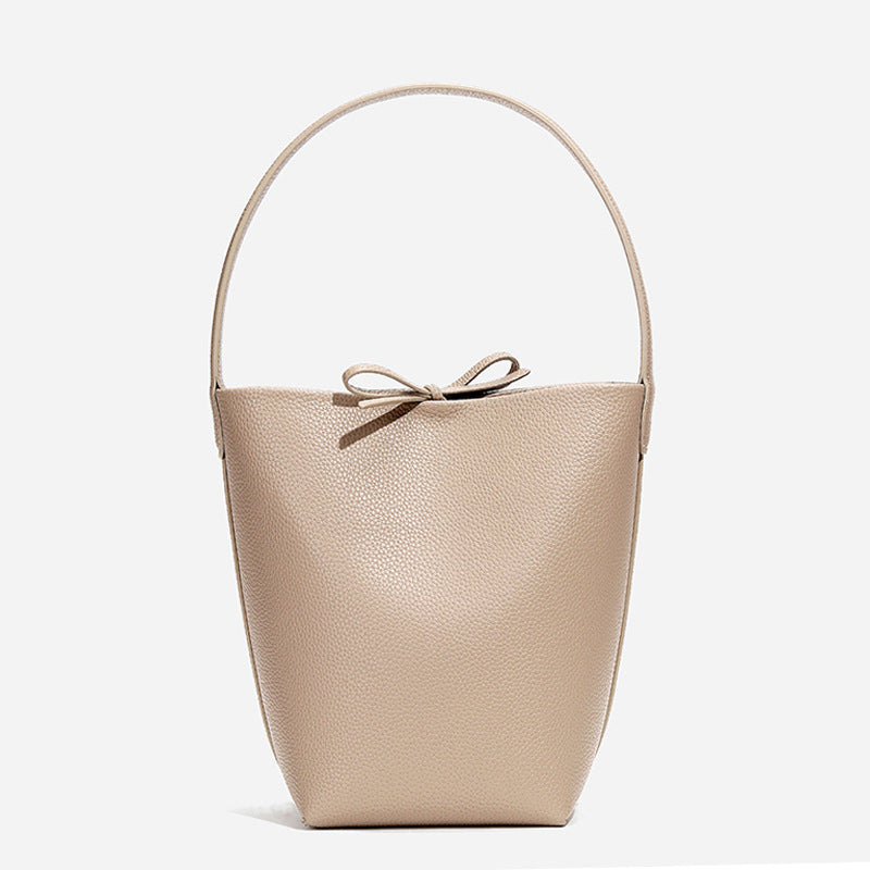 Women’s Minimalist Genuine Leather Shoulder Bucket Bag with Drawstring image
