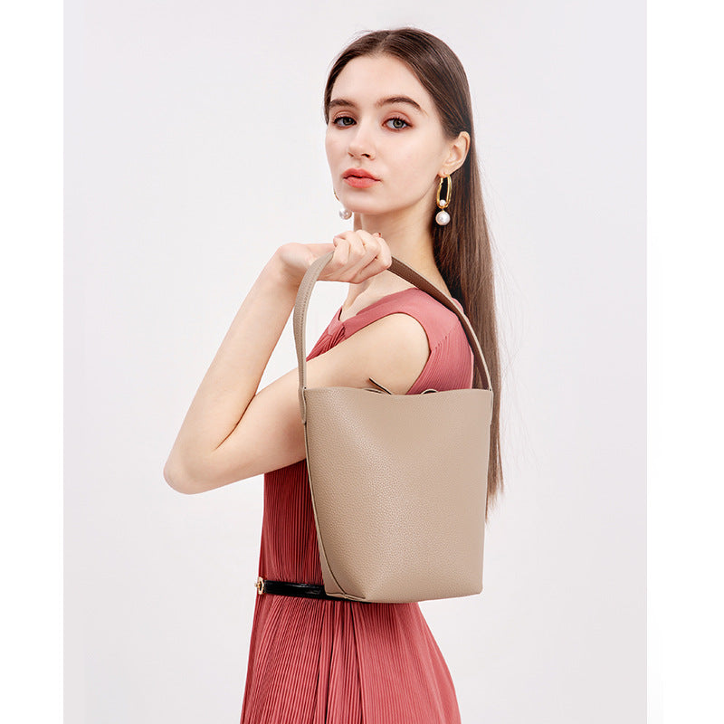 Women’s Minimalist Genuine Leather Shoulder Bucket Bag with Drawstring image 2