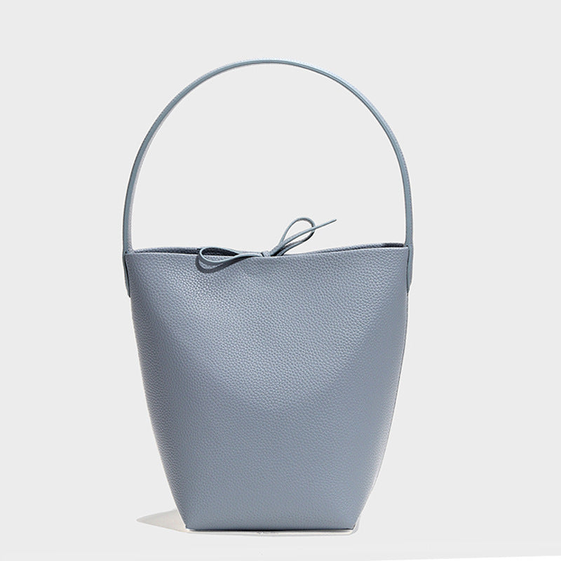Women’s Minimalist Genuine Leather Shoulder Bucket Bag with Drawstring image 5