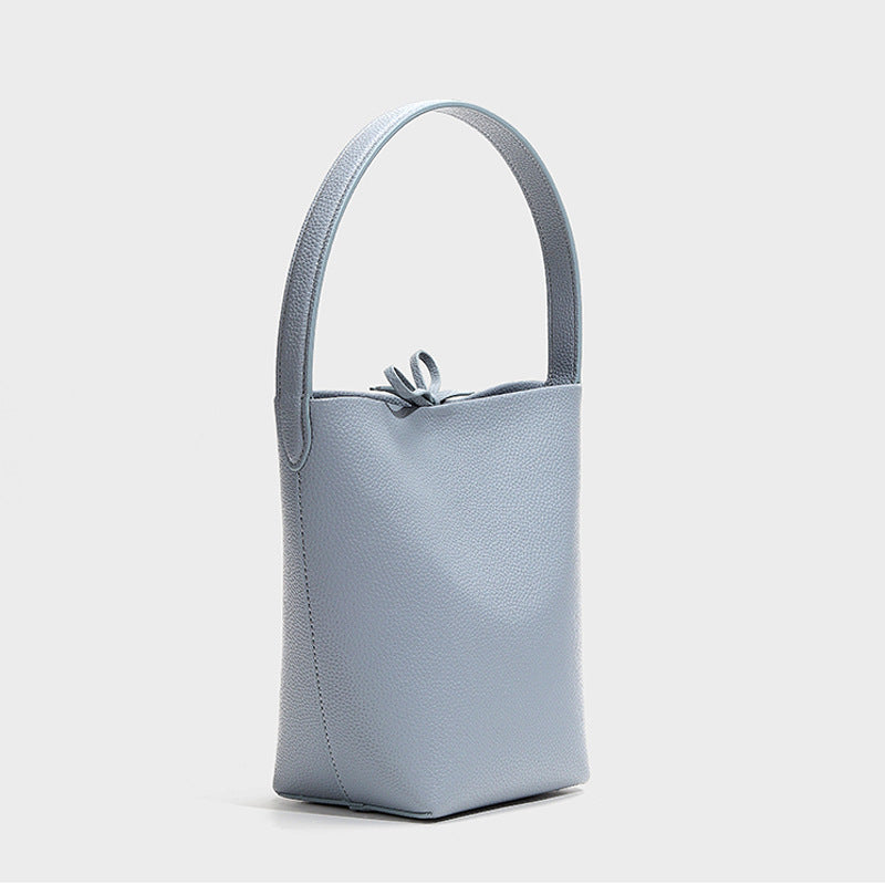 Women’s Minimalist Genuine Leather Shoulder Bucket Bag with Drawstring image 6