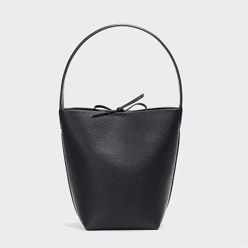 Women’s Minimalist Genuine Leather Shoulder Bucket Bag with Drawstring image 3