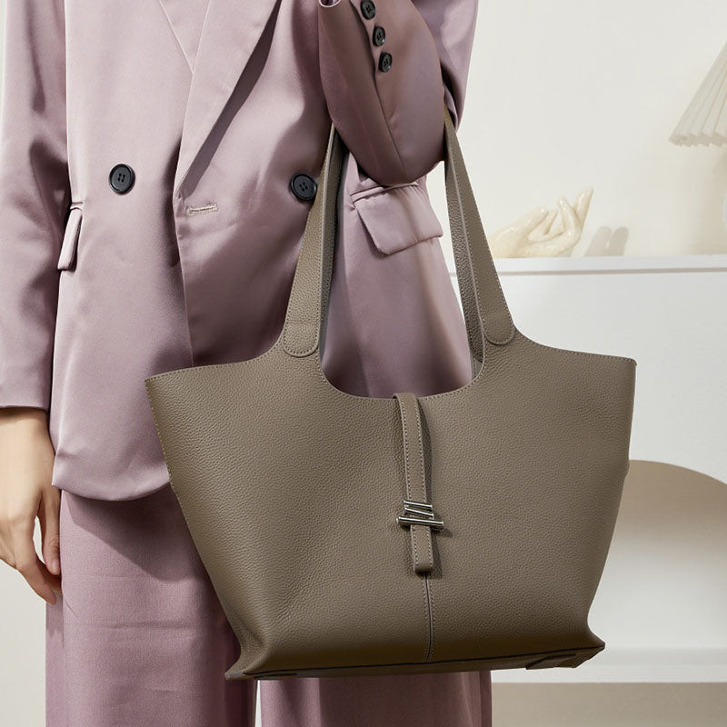 Women’s Minimalist Genuine Leather Tote Bag with Clasp Detail image 7
