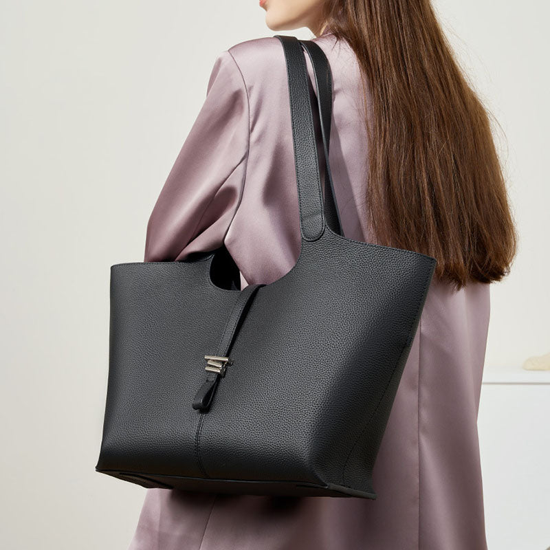 Women’s Minimalist Genuine Leather Tote Bag with Clasp Detail image 2