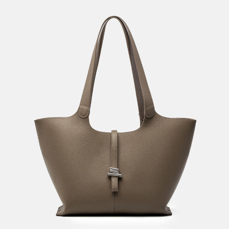 Women’s Minimalist Genuine Leather Tote Bag with Clasp Detail image 3