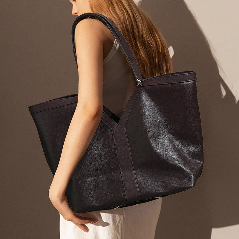 Women’s Minimalist Genuine Leather V-Shaped Tote Bag image 2