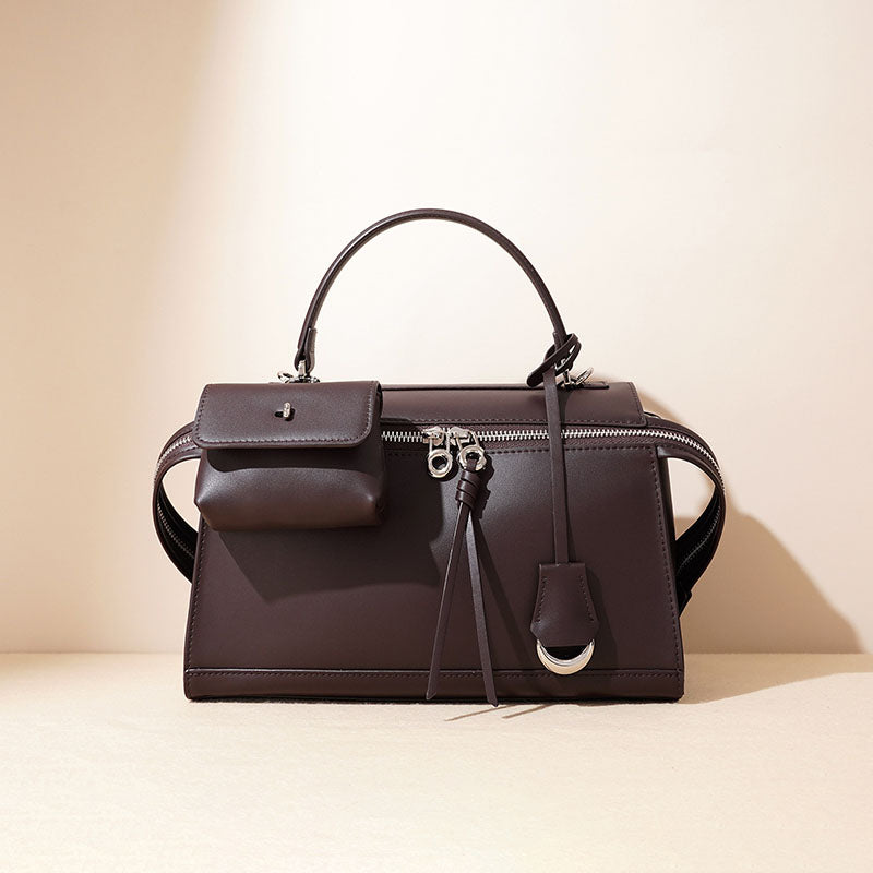 Women’s Minimalist Genuine Leather Zipper Close Top-Handle Bag In Silver Hardware image 2