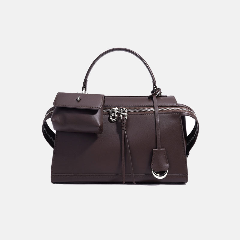 Women’s Minimalist Genuine Leather Zipper Close Top-Handle Bag In Silver Hardware image