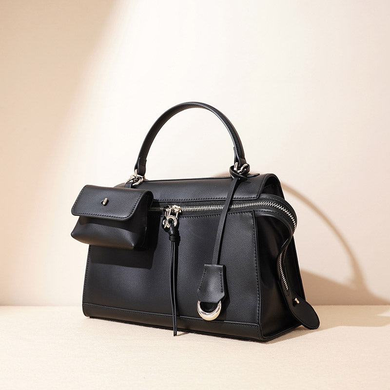 Women’s Minimalist Genuine Leather Zipper Top Handle Bag image 2