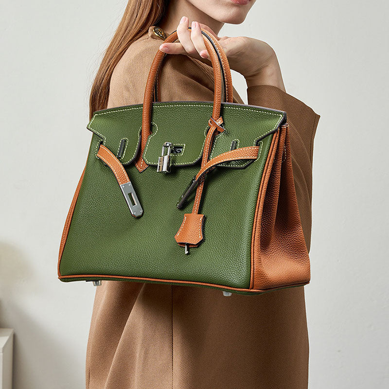 Women’s Minimalist Green With Brown Full-Grain Leather Top Handle Bag In Silver Hardware image 5