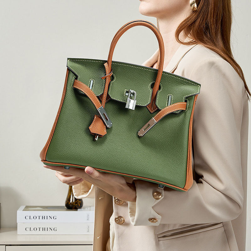 Women’s Minimalist Green With Brown Full-Grain Leather Top Handle Bag In Silver Hardware image 6