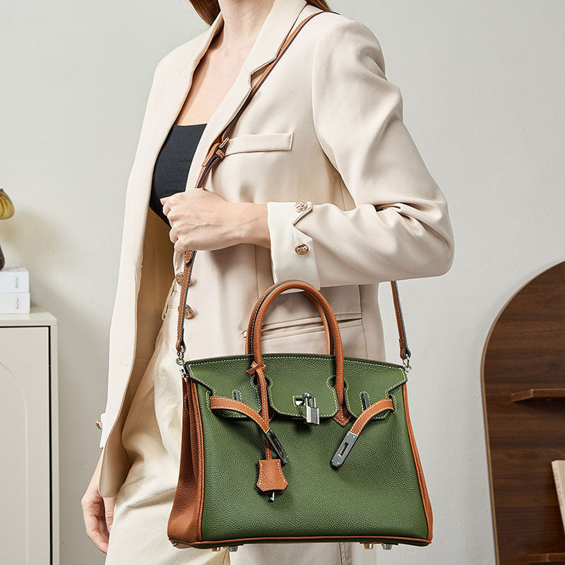Women’s Minimalist Green With Brown Full-Grain Leather Top Handle Bag In Silver Hardware image 7