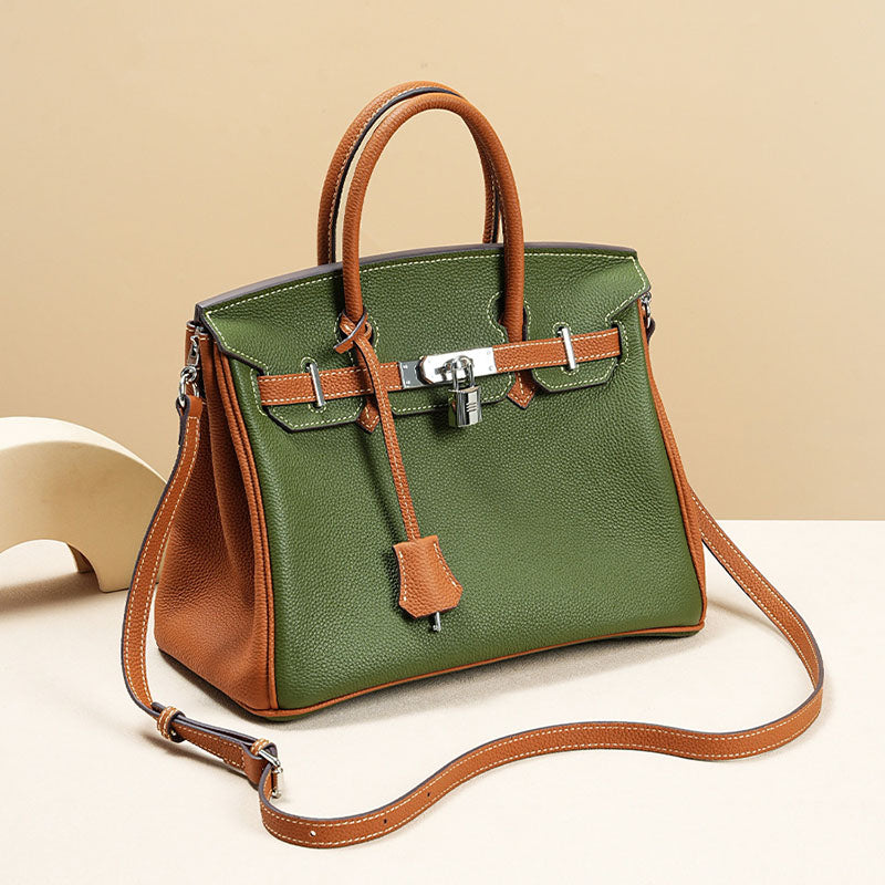 Women’s Minimalist Green With Brown Full-Grain Leather Top Handle Bag In Silver Hardware image 4