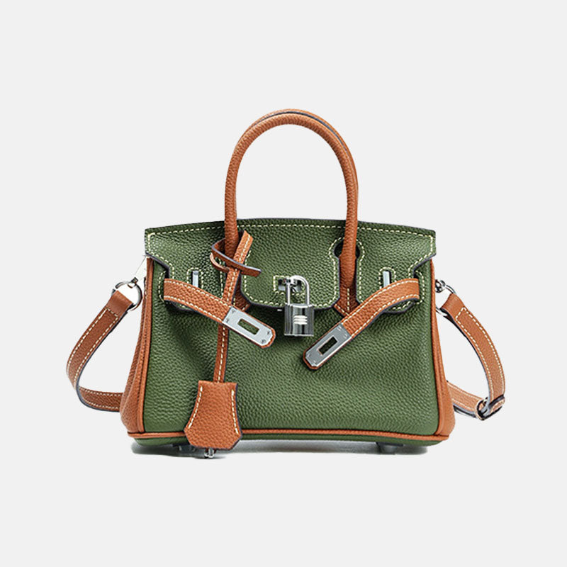 Women’s Minimalist Green With Brown Full-Grain Leather Top Handle Bag In Silver Hardware image