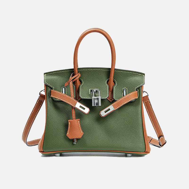 Women’s Minimalist Green With Brown Full-Grain Leather Top Handle Bag In Silver Hardware image 2