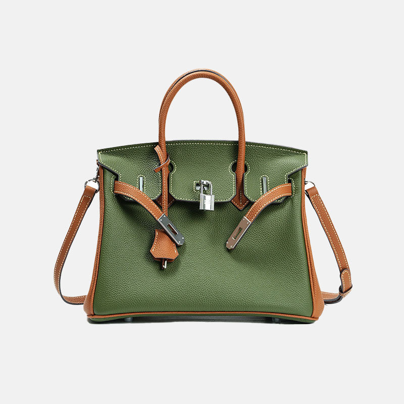 Women’s Minimalist Green With Brown Full-Grain Leather Top Handle Bag In Silver Hardware image 3