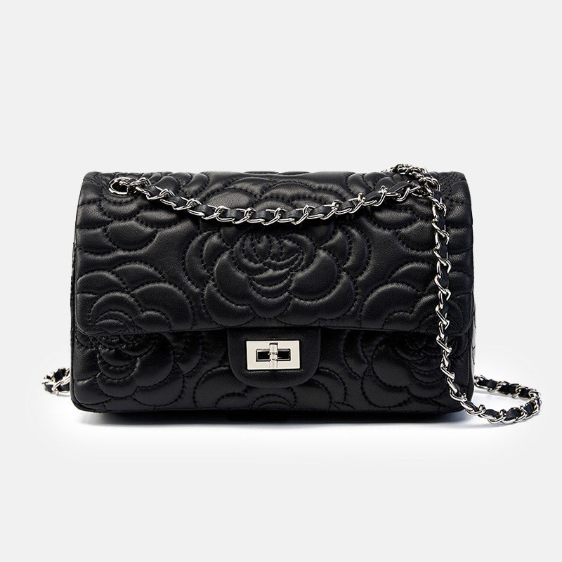 Women’s Minimalist Lambskin Leather Camellia Quilted Chain Shoulder Bag In Silver Lock image