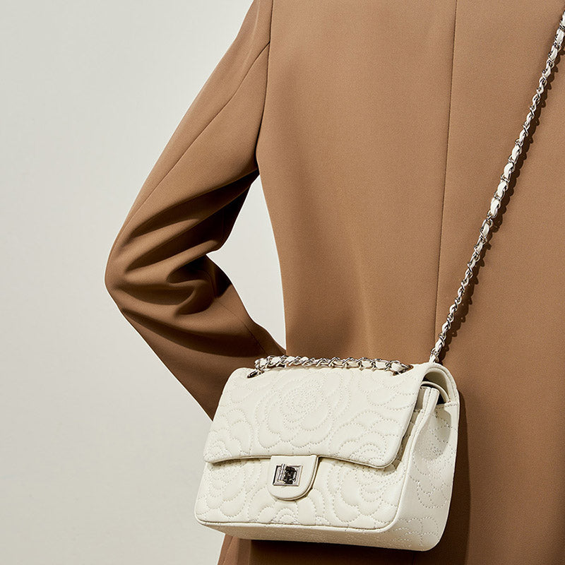 Women’s Minimalist Lambskin Leather Camellia Quilted Chain Shoulder Bag In Silver Lock image 6