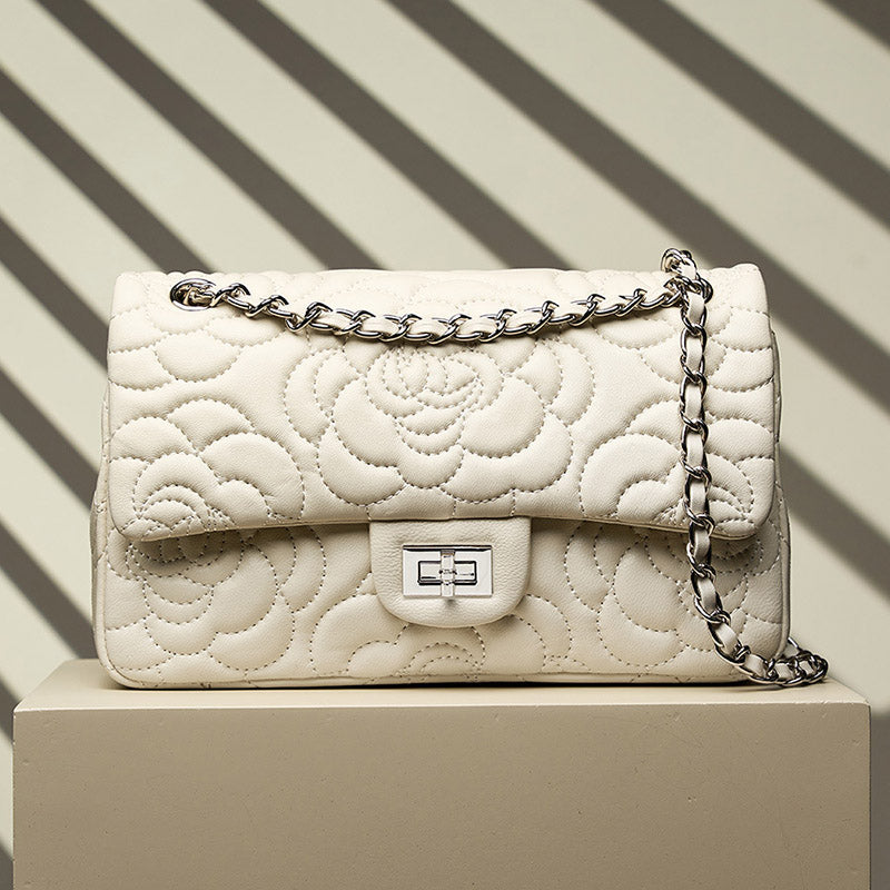 Women’s Minimalist Lambskin Leather Camellia Quilted Chain Shoulder Bag In Silver Lock image 3