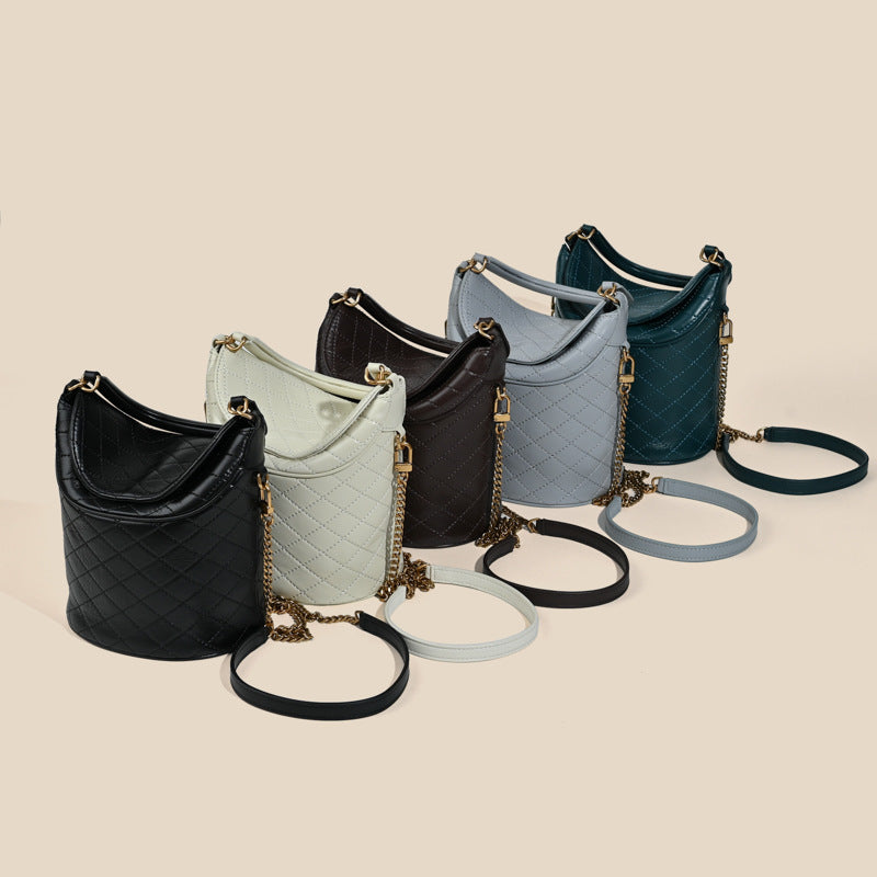 Women’s Minimalist Leather Crossbody Chain Quilted Bucket Bag image 4
