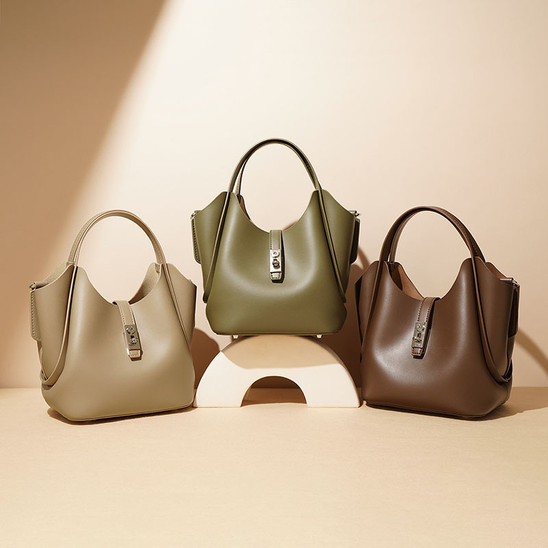 Women’s Minimalist Leather Drawstring Lock Clasp Bucket Bag image 6