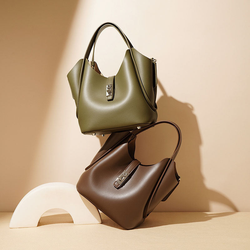 Women’s Minimalist Leather Drawstring Lock Clasp Bucket Bag image 5