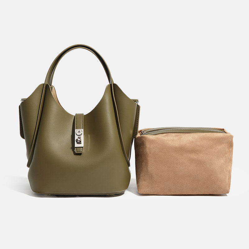 Women’s Minimalist Leather Drawstring Lock Clasp Bucket Bag image 2