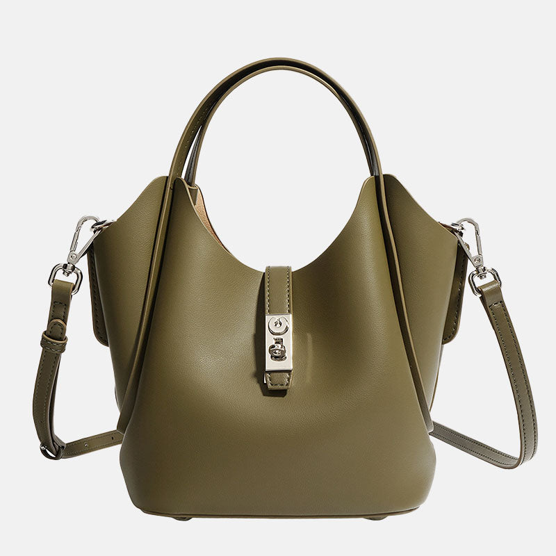 Women’s Minimalist Leather Drawstring Lock Clasp Bucket Bag image