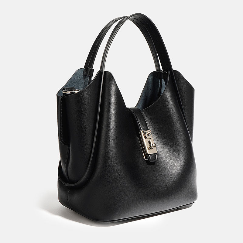 Women’s Minimalist Leather Drawstring Lock Clasp Bucket Bag image 7