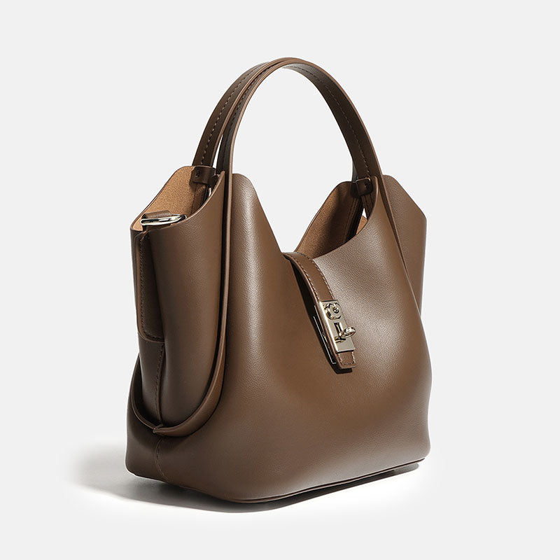 Women’s Minimalist Leather Drawstring Lock Clasp Bucket Bag image 8