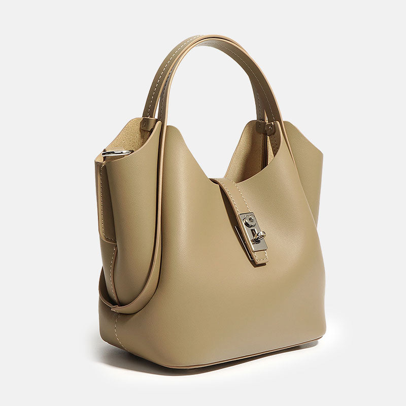 Women’s Minimalist Leather Drawstring Lock Clasp Bucket Bag image 9