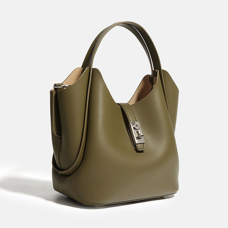 Women’s Minimalist Leather Drawstring Lock Clasp Bucket Bag image 3