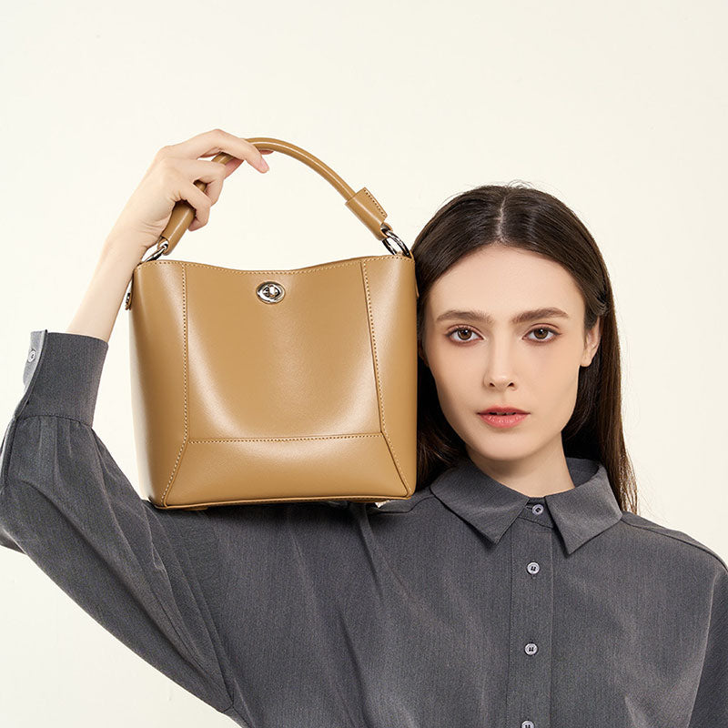 Women’s Minimalist Leather Lock Clasp Bucket Bag image 2