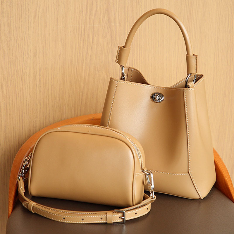 Women’s Minimalist Leather Lock Clasp Bucket Bag image 3