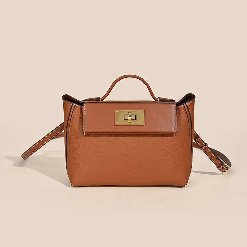 Women’s Minimalist Leather Lock Closure Dumpling-Shaped Top Handle Bag image 2