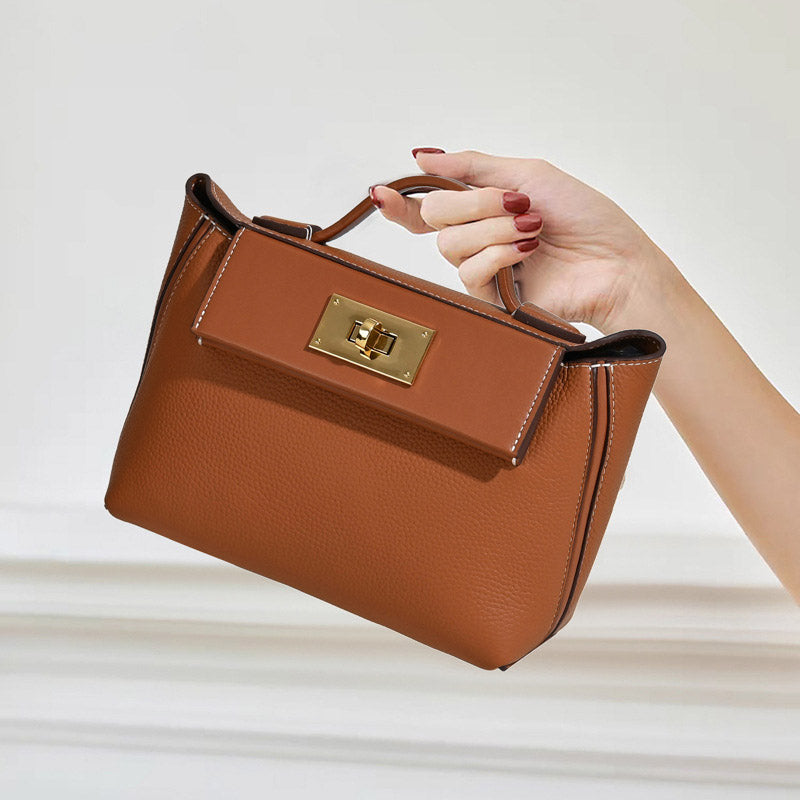 Women’s Minimalist Leather Lock Closure Dumpling-Shaped Top Handle Bag image 5