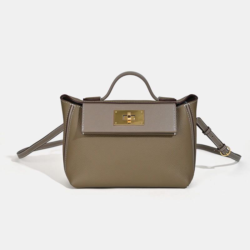 Women’s Minimalist Leather Lock Closure Dumpling-Shaped Top Handle Bag image 9