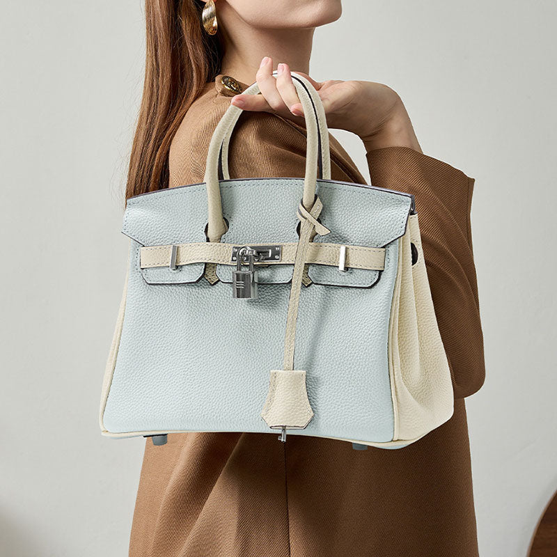 Women’s Minimalist Light Blue Whit White Pebbled Leather Top Handle Bag image 5